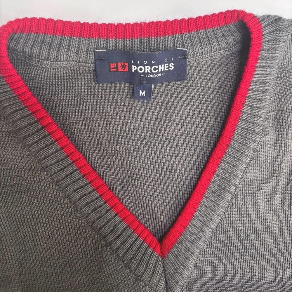 Lion of Porches‎ London Gray Wool V-Neck Sweater with Red Accents Medium